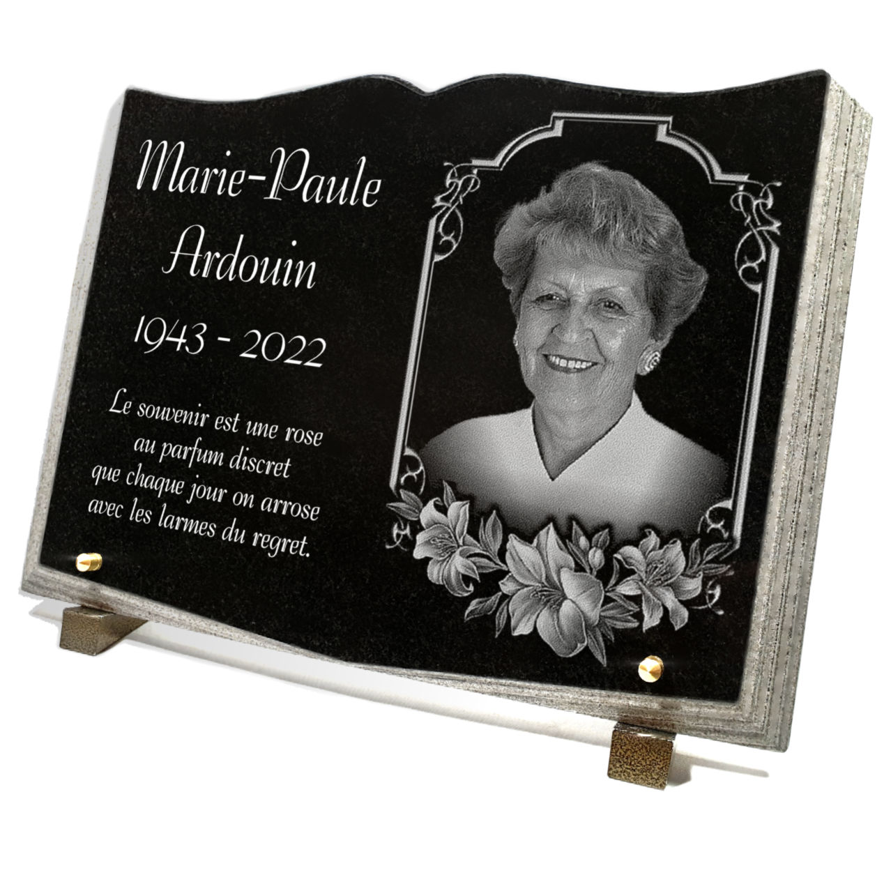 Plaque funéraire avec photo • plaque cimetière• Cadre et fleurs