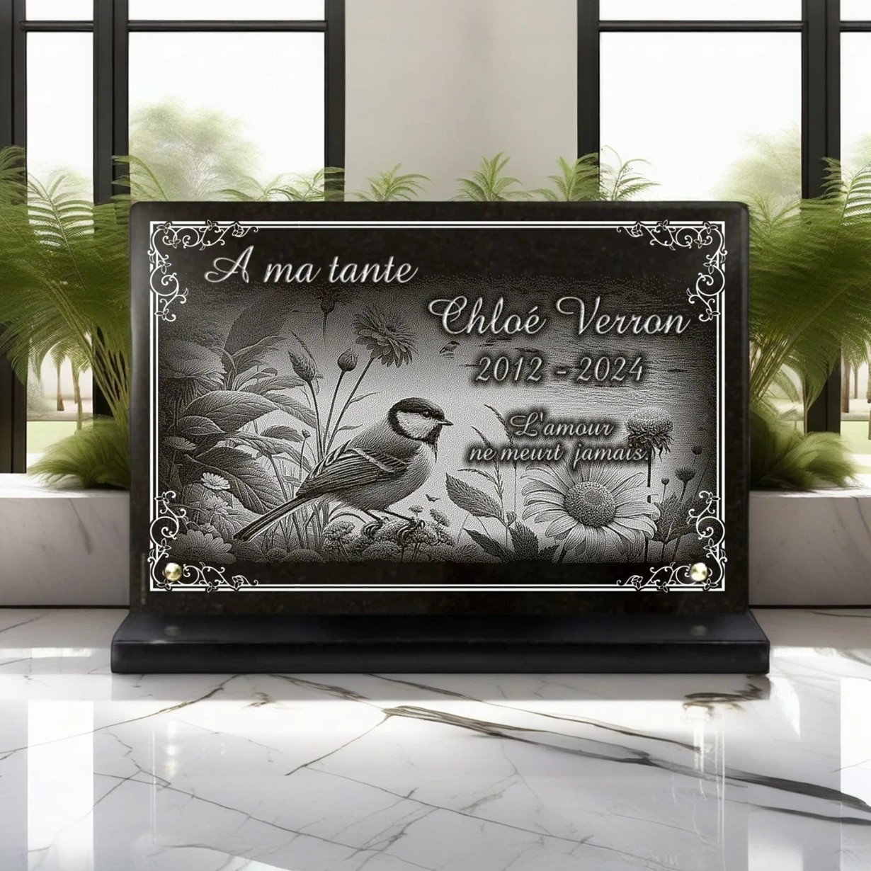 Plaque funeraire campagne et nature avec mésange oiseau et fleurs