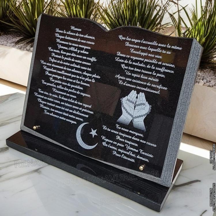 Plaque funéraire livre Islam, Musulman en granit taillé | RENAUD Gravure